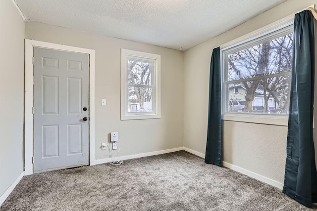 foyer with carpet floors and a textured ceiling