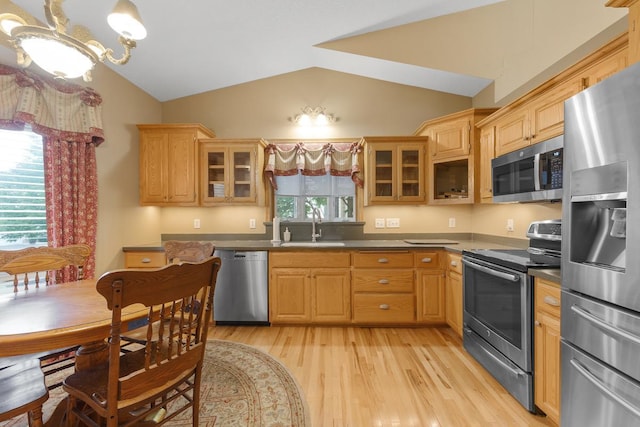 kitchen with lofted ceiling, appliances with stainless steel finishes, sink, and plenty of natural light