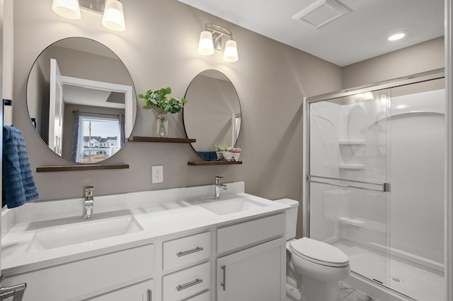 full bath with marble finish floor, visible vents, a sink, and a shower stall