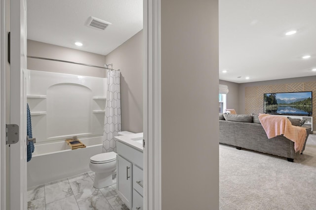 full bathroom featuring toilet, shower / tub combo, visible vents, marble finish floor, and ensuite bath