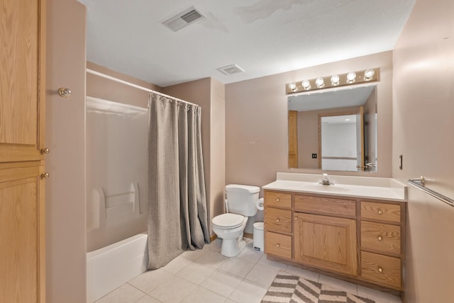 full bathroom with tile patterned flooring, vanity, shower / bathtub combination with curtain, and toilet