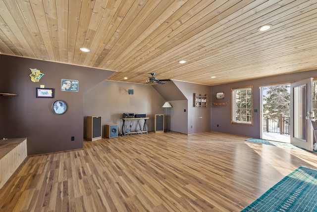 interior space featuring light hardwood / wood-style flooring, wooden ceiling, and ceiling fan