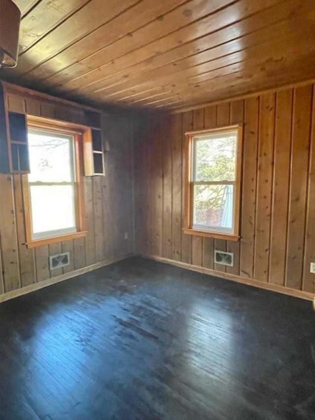 empty room with wooden ceiling, wooden walls, visible vents, and dark wood finished floors