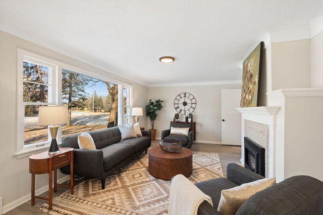 living room with a brick fireplace and light hardwood / wood-style floors