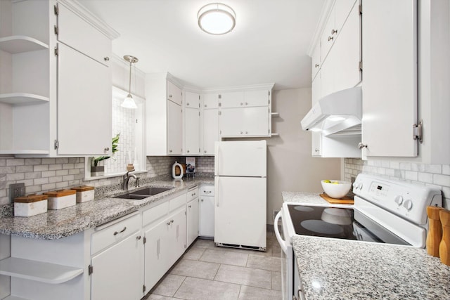 kitchen with pendant lighting, sink, white cabinets, exhaust hood, and white appliances