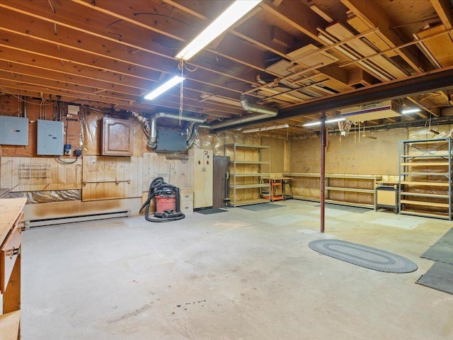 basement with electric panel and baseboard heating