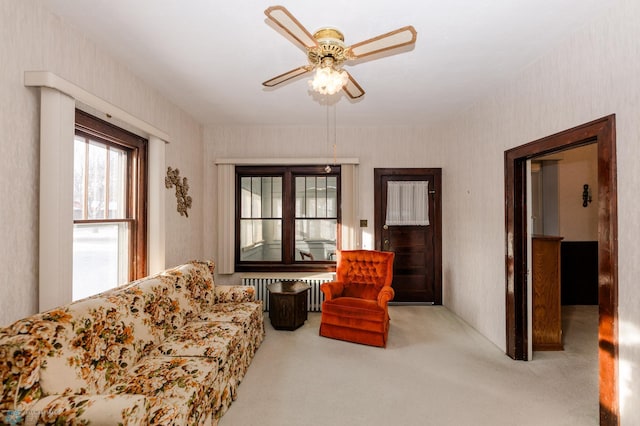 living area with ceiling fan, radiator, and carpet