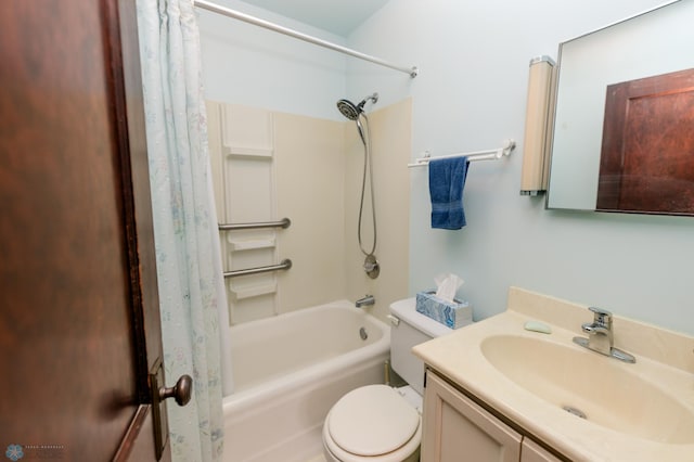 full bathroom featuring vanity, shower / tub combo with curtain, and toilet