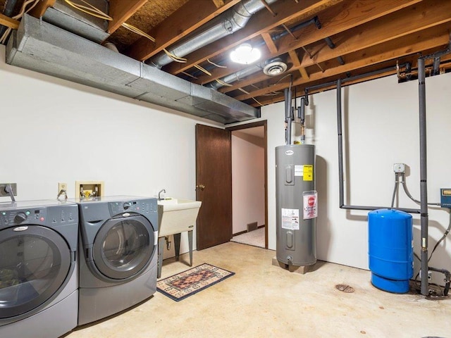 laundry area with separate washer and dryer, sink, and water heater