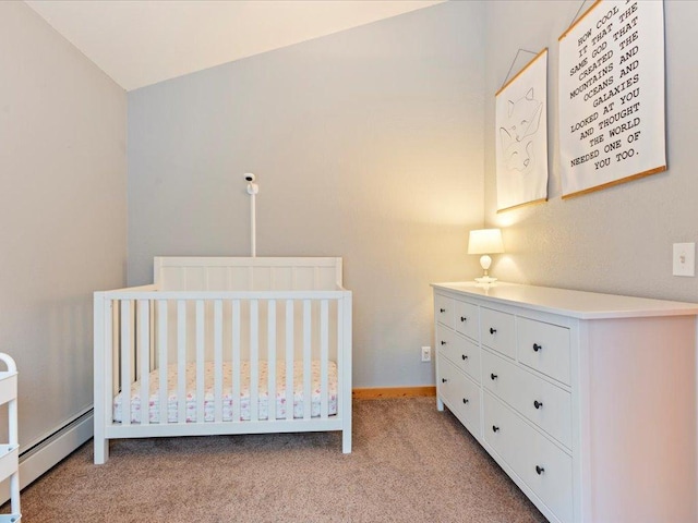 bedroom featuring a baseboard radiator, light carpet, and a crib