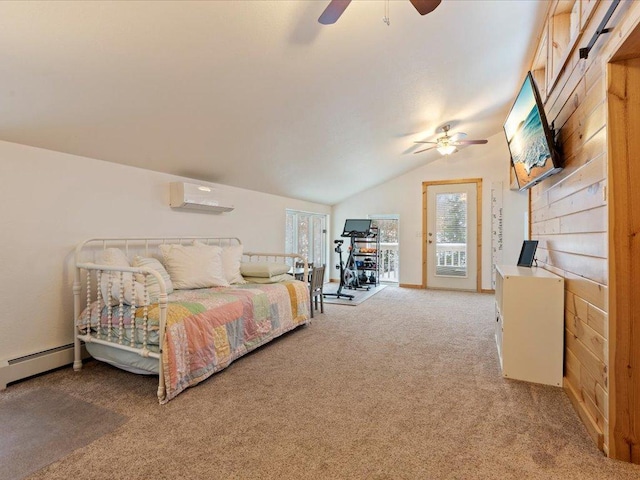 carpeted bedroom featuring lofted ceiling, an AC wall unit, a baseboard radiator, ceiling fan, and access to exterior