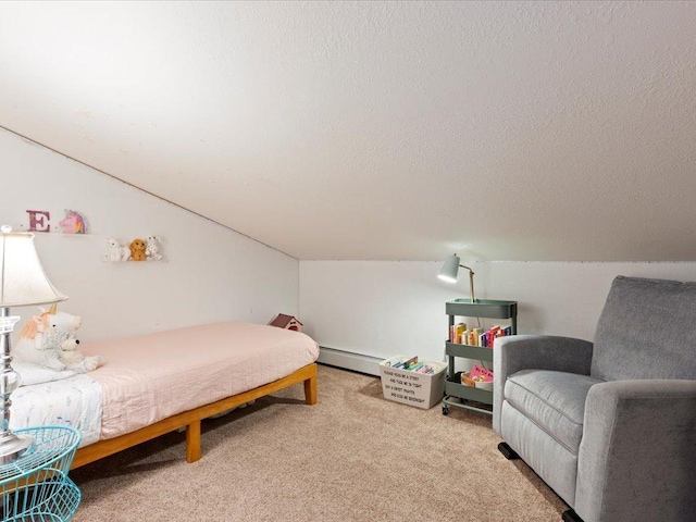 carpeted bedroom with lofted ceiling, a textured ceiling, and baseboard heating