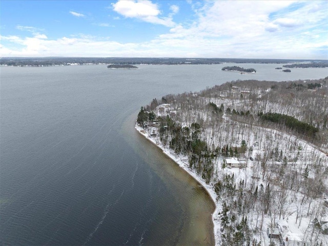 snowy aerial view featuring a water view