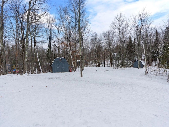 yard layered in snow with a shed