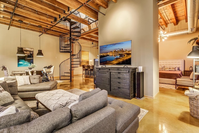 living room with a towering ceiling