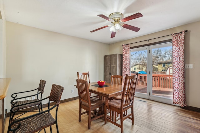 dining room with visible vents, a ceiling fan, light wood-type flooring, and baseboards