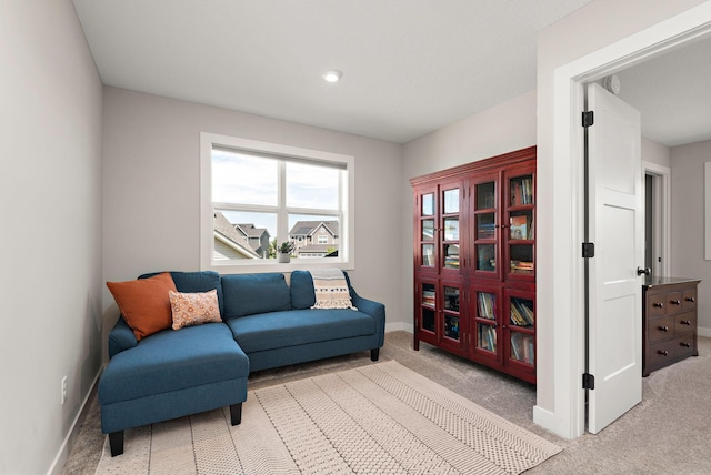 sitting room featuring light carpet