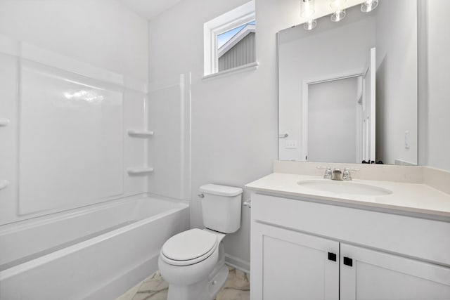 full bathroom with vanity, baseboards, toilet, marble finish floor, and shower / bathtub combination