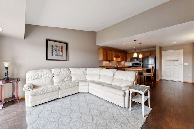 living room featuring dark wood-type flooring and sink