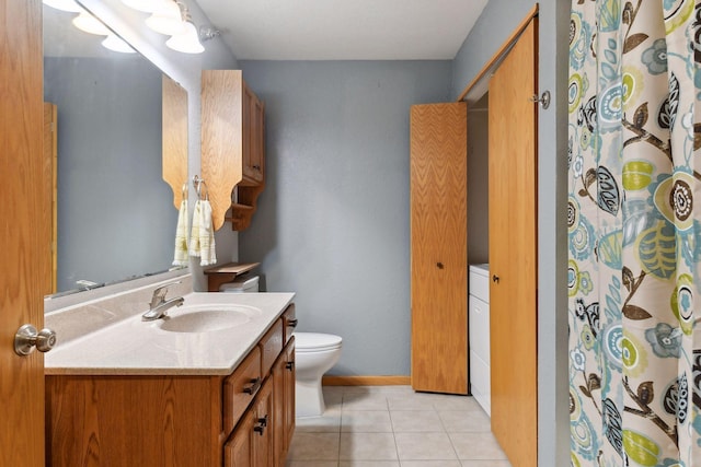 bathroom featuring a shower with shower curtain, vanity, toilet, and tile patterned flooring