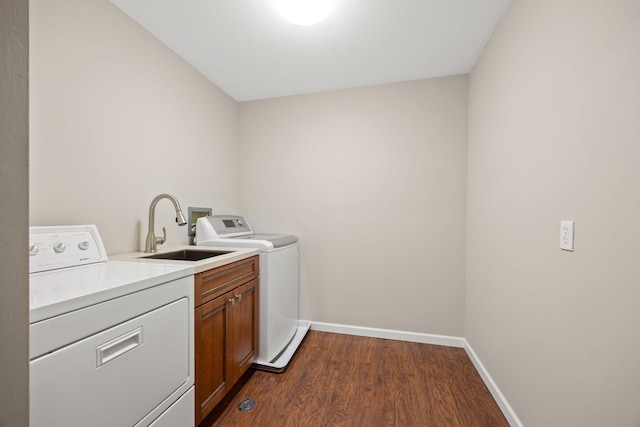 9700 Portland Ave S Unit 226, Bloomington, MN 55420 - laundry area featuring separate washer and dryer, dark wood-style floors, cabinet space, and baseboards