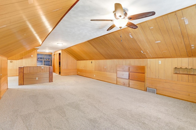 bonus room with light colored carpet and wood walls