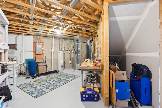 unfinished basement with electric panel, electric water heater, and heating unit