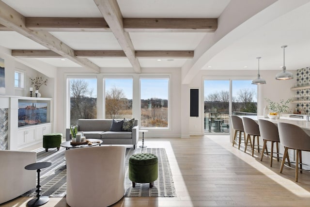 living room with plenty of natural light, light hardwood / wood-style floors, and beamed ceiling