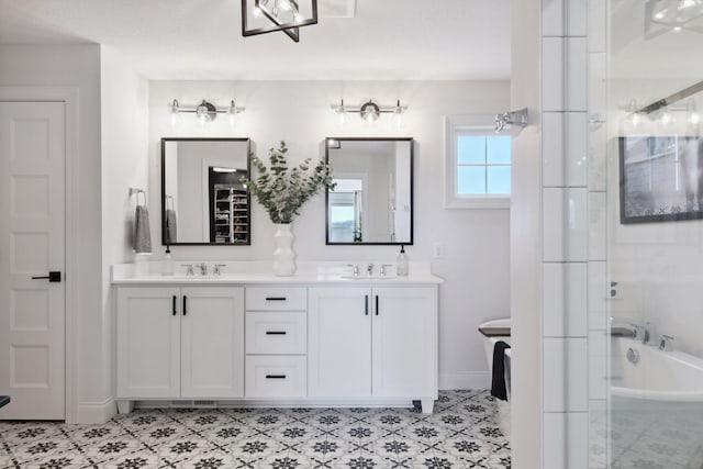 bathroom with vanity and plus walk in shower