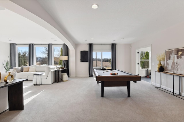 recreation room featuring light colored carpet and billiards