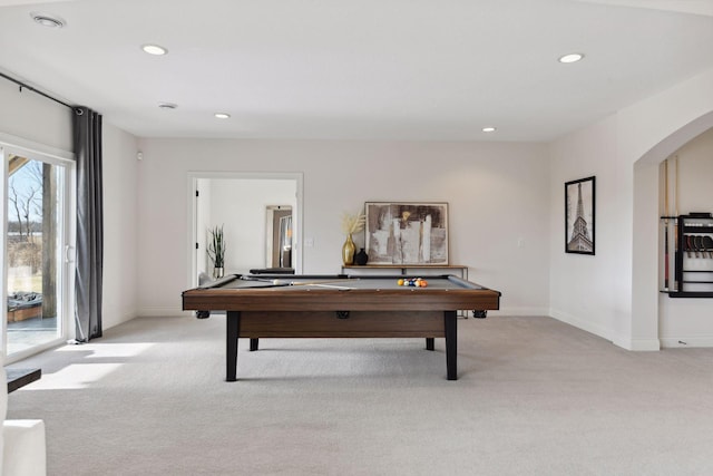 recreation room with light colored carpet and pool table