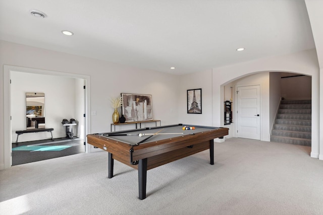 recreation room featuring pool table and carpet flooring