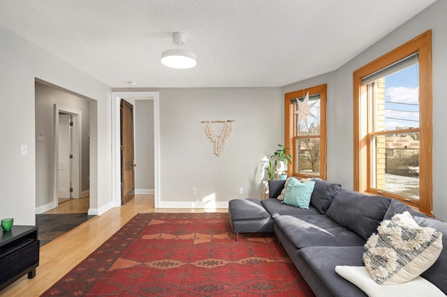 living room with wood-type flooring and a textured ceiling