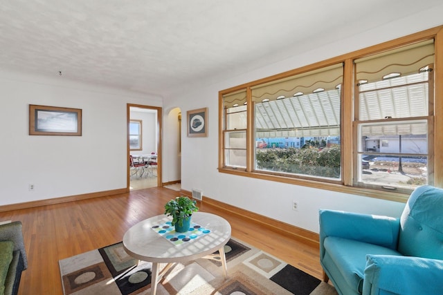 living room with hardwood / wood-style flooring, a textured ceiling, and a wealth of natural light