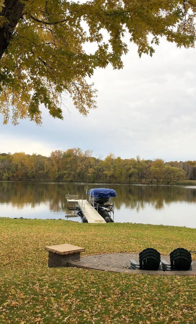 dock area with a water view and a yard