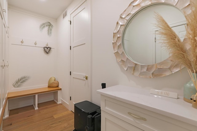 bathroom with vanity and hardwood / wood-style flooring