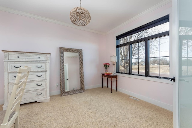 carpeted bedroom with ornamental molding