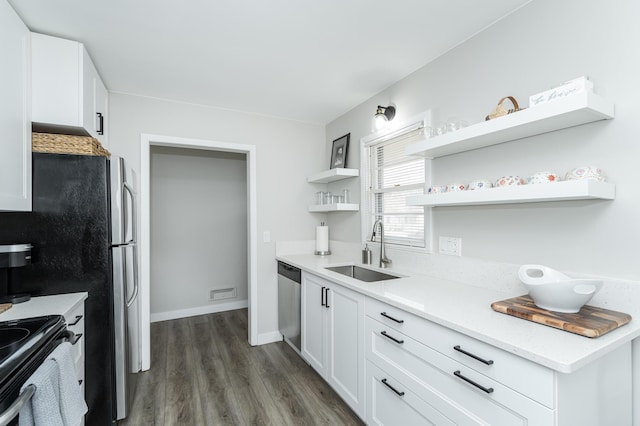 kitchen with range with electric cooktop, white cabinetry, sink, dark hardwood / wood-style flooring, and stainless steel dishwasher