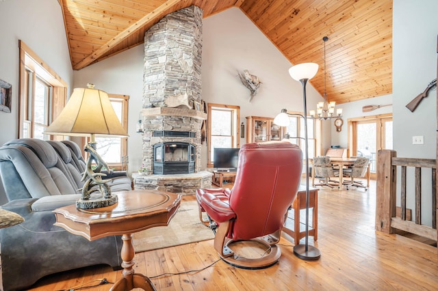 living room with an inviting chandelier, high vaulted ceiling, a fireplace, wooden ceiling, and light wood-type flooring