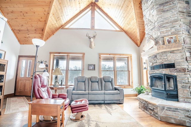 living room featuring high vaulted ceiling, wooden ceiling, and light wood-type flooring