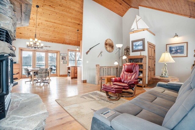 living room featuring high vaulted ceiling, a notable chandelier, wood ceiling, and light hardwood / wood-style flooring