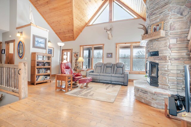 living room with light hardwood / wood-style flooring, high vaulted ceiling, and wooden ceiling