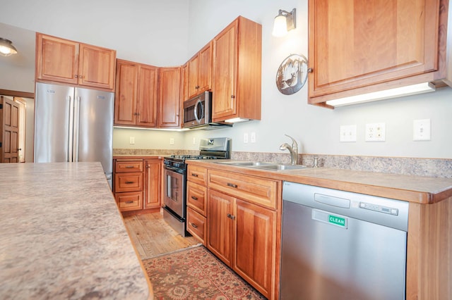 kitchen with appliances with stainless steel finishes, sink, and light wood-type flooring