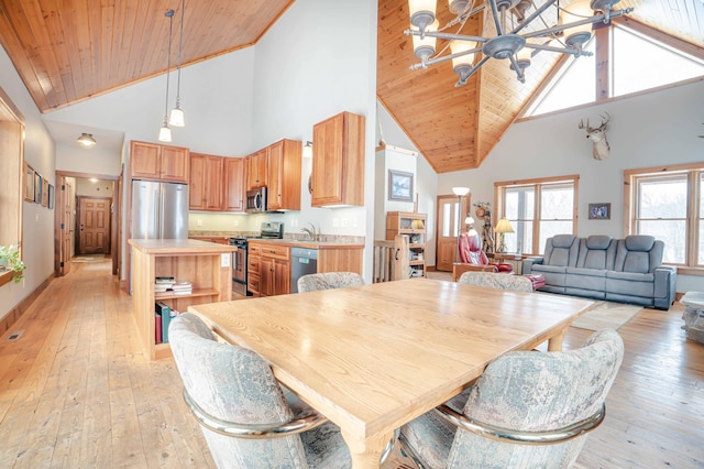 dining area with ceiling fan, wood ceiling, and light hardwood / wood-style floors