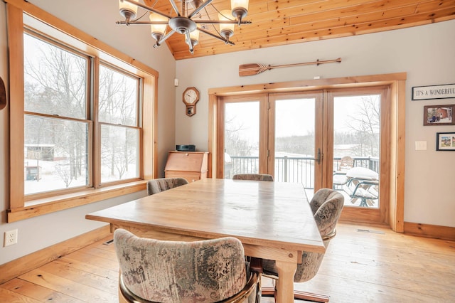 dining space with an inviting chandelier, wood ceiling, light hardwood / wood-style flooring, and lofted ceiling