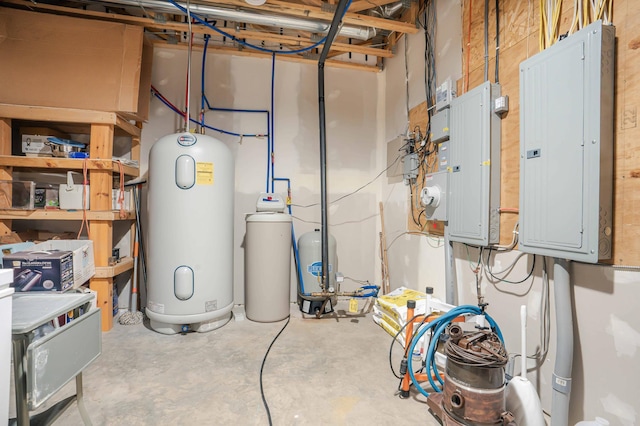 utility room with electric water heater and electric panel