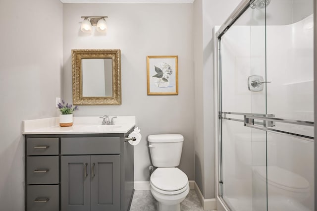 full bathroom with a stall shower, vanity, toilet, and baseboards