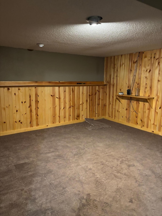 finished below grade area featuring wood walls, a textured ceiling, and baseboards