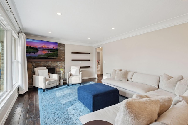 living room with crown molding, a fireplace, and dark hardwood / wood-style flooring