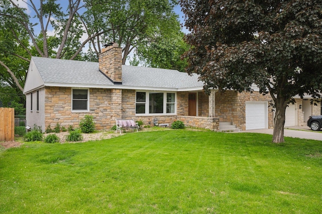 5020 Windsor Ave, Edina, MN 55436 - view of front of property with stone siding, a chimney, a garage, driveway, and a shingled roof